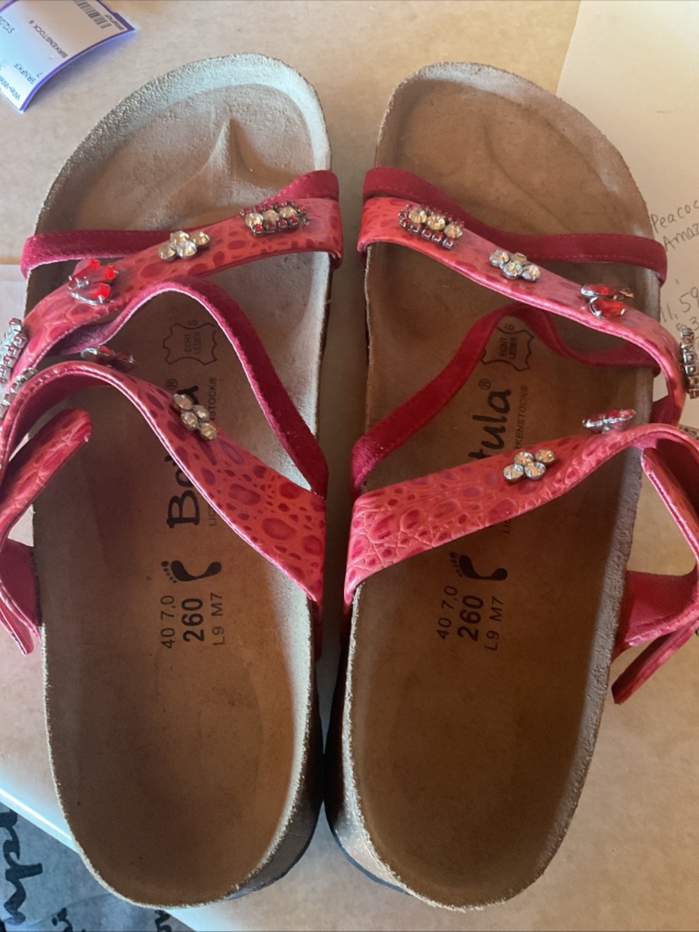 Betula Birkenstock Sandals US 9 Red Pink Rhinestone Comfort Slides NWOB Boho